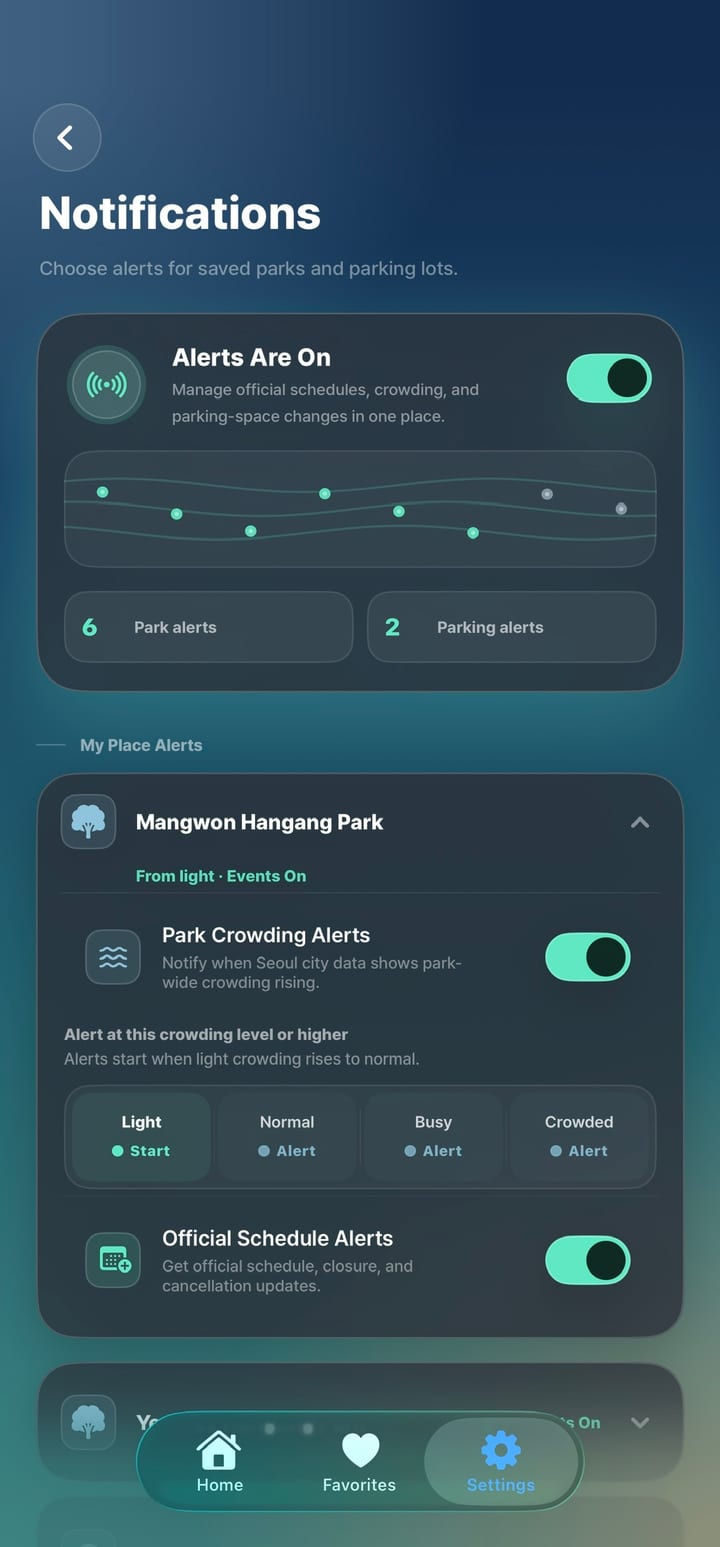 Notification settings screen — per-place crowding thresholds and official schedule alerts