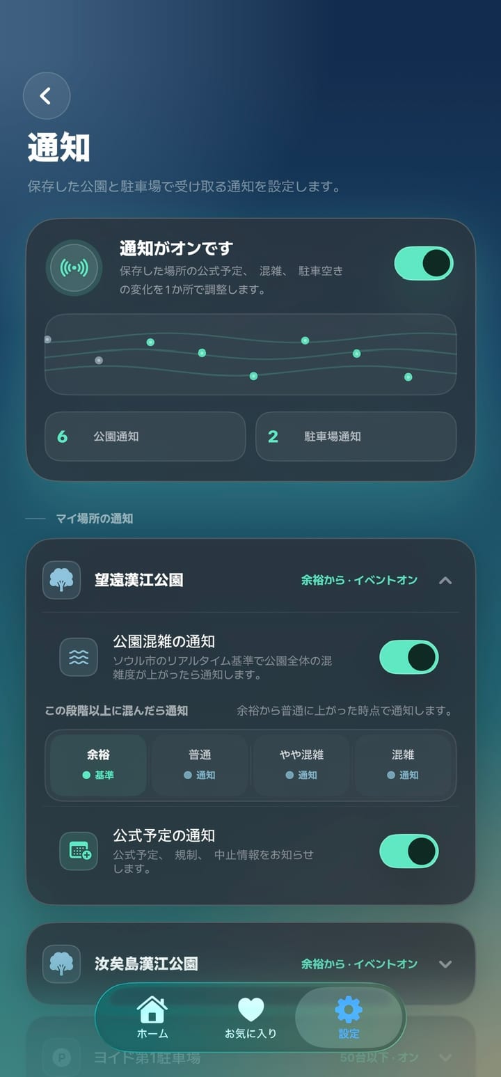 通知設定画面 — 場所ごとの混雑段階のしきい値と公式予定の通知設定