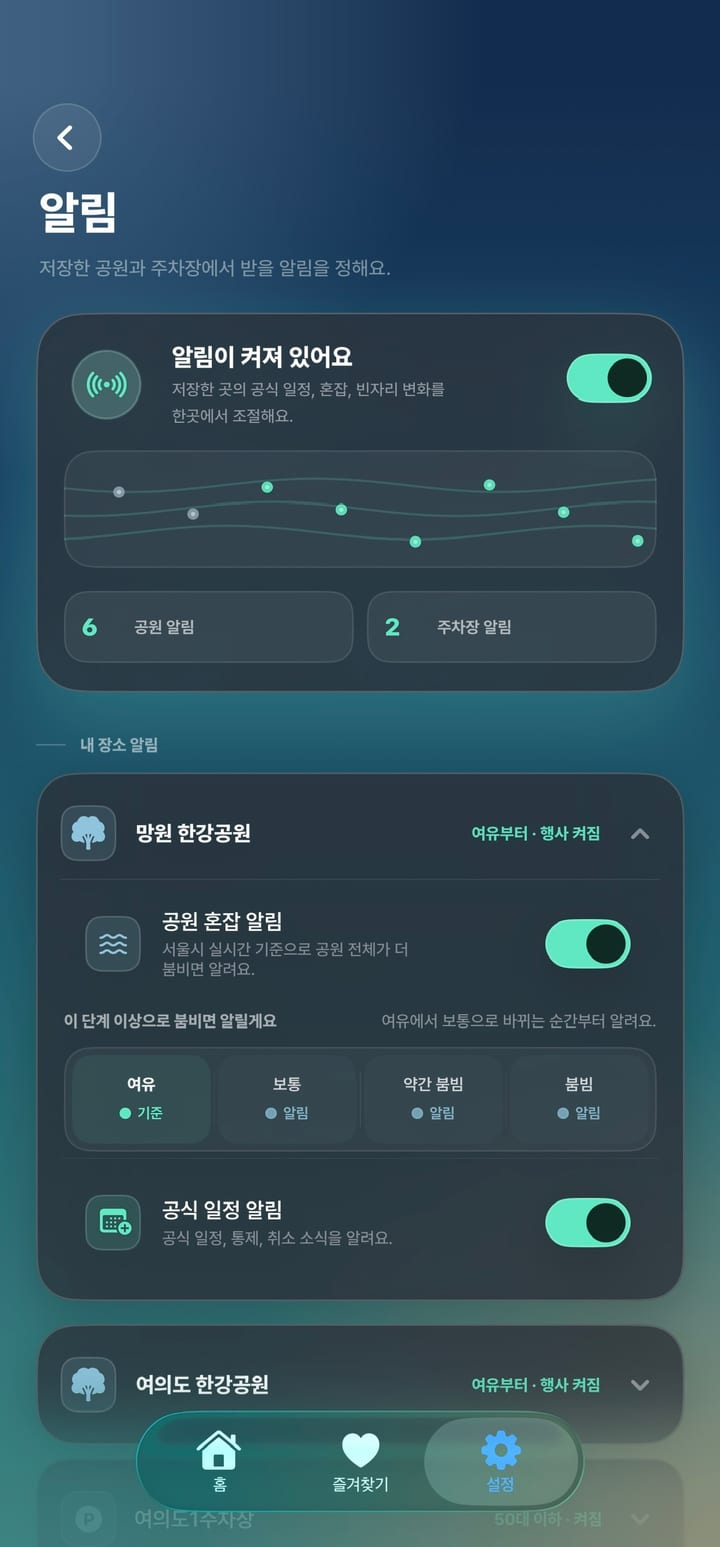 알림 설정 화면 — 공원·주차장별 혼잡 단계 기준과 공식 일정 알림 설정