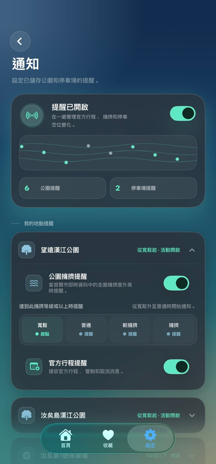 通知設定畫面 — 各地點的擁擠等級門檻與官方行程提醒設定